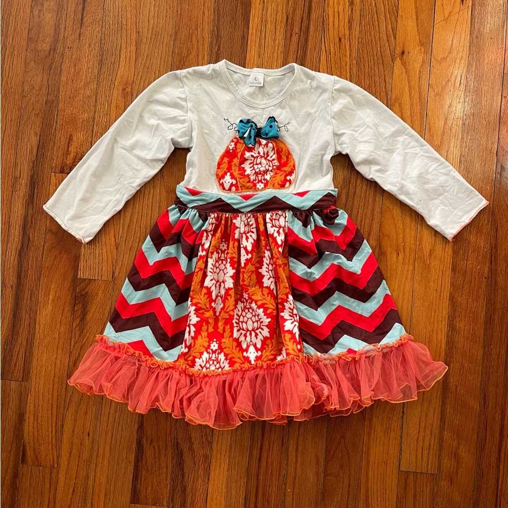 Colorful Long Sleeve Girl’s Dress with Pumpkin Chevron Pattern